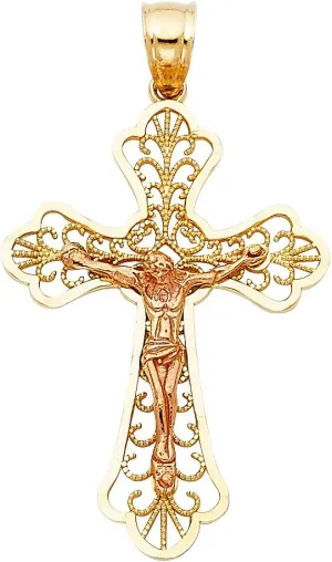 14k REAL Two Tone Gold Religious Crucifix Jesus Cross Charm Pendant