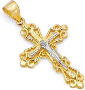 14k REAL Two Tone Gold Religious Crucifix Jesus Cross Charm Pendant