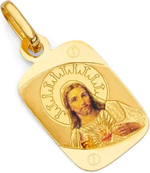 14k REAL Yellow Gold Religious Jesus Heart Enamel Picture Charm Pendant
