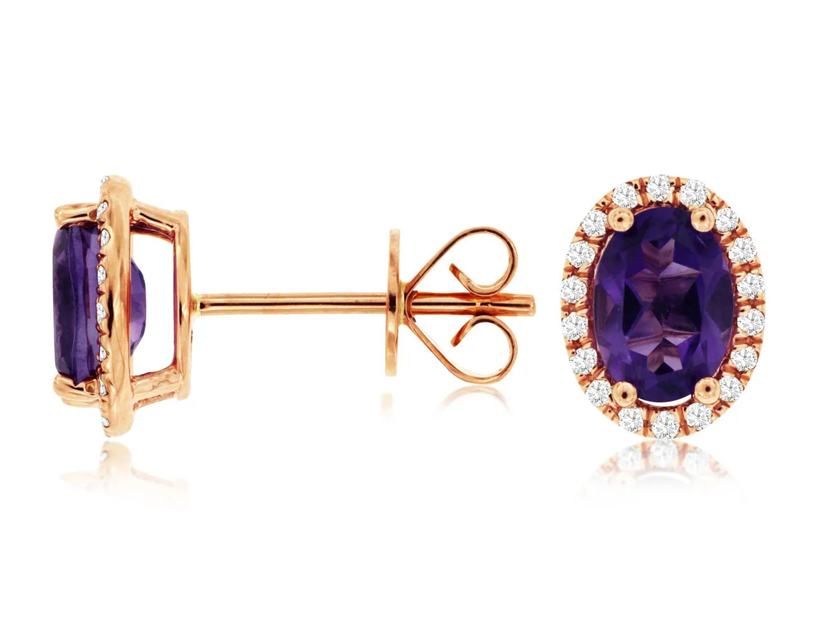 14K Rose Gold Amethyst and Diamond Halo Stud Earrings