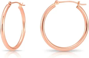 14K Rose Gold Classic Shiny Polished Round Hoop Earrings, 2mm tube