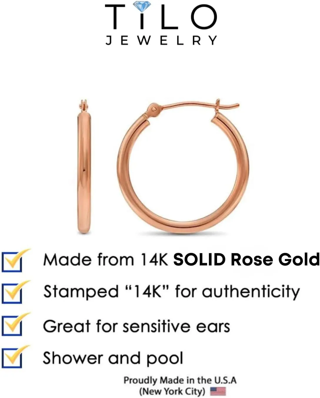 14K Rose Gold Classic Shiny Polished Round Hoop Earrings, 2mm tube