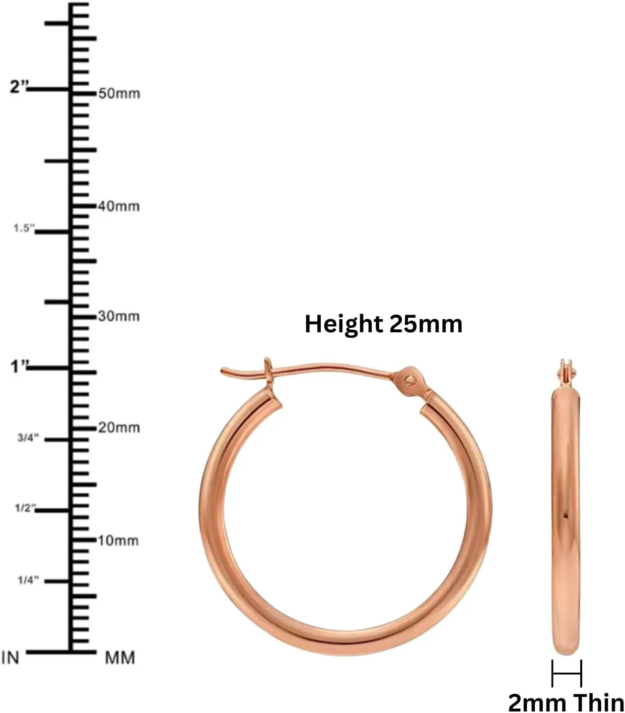 14K Rose Gold Classic Shiny Polished Round Hoop Earrings, 2mm tube