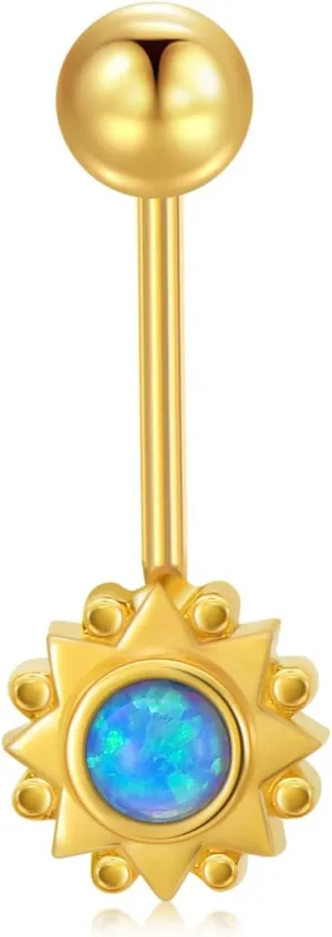 14K Solid Gold Belly Button Rings 14G Yellow Gold Sun Symbol Belly Button Rings Chic 14K Gold Flower Dangle Belly Button Rings Body Piercing Jewelry for Women