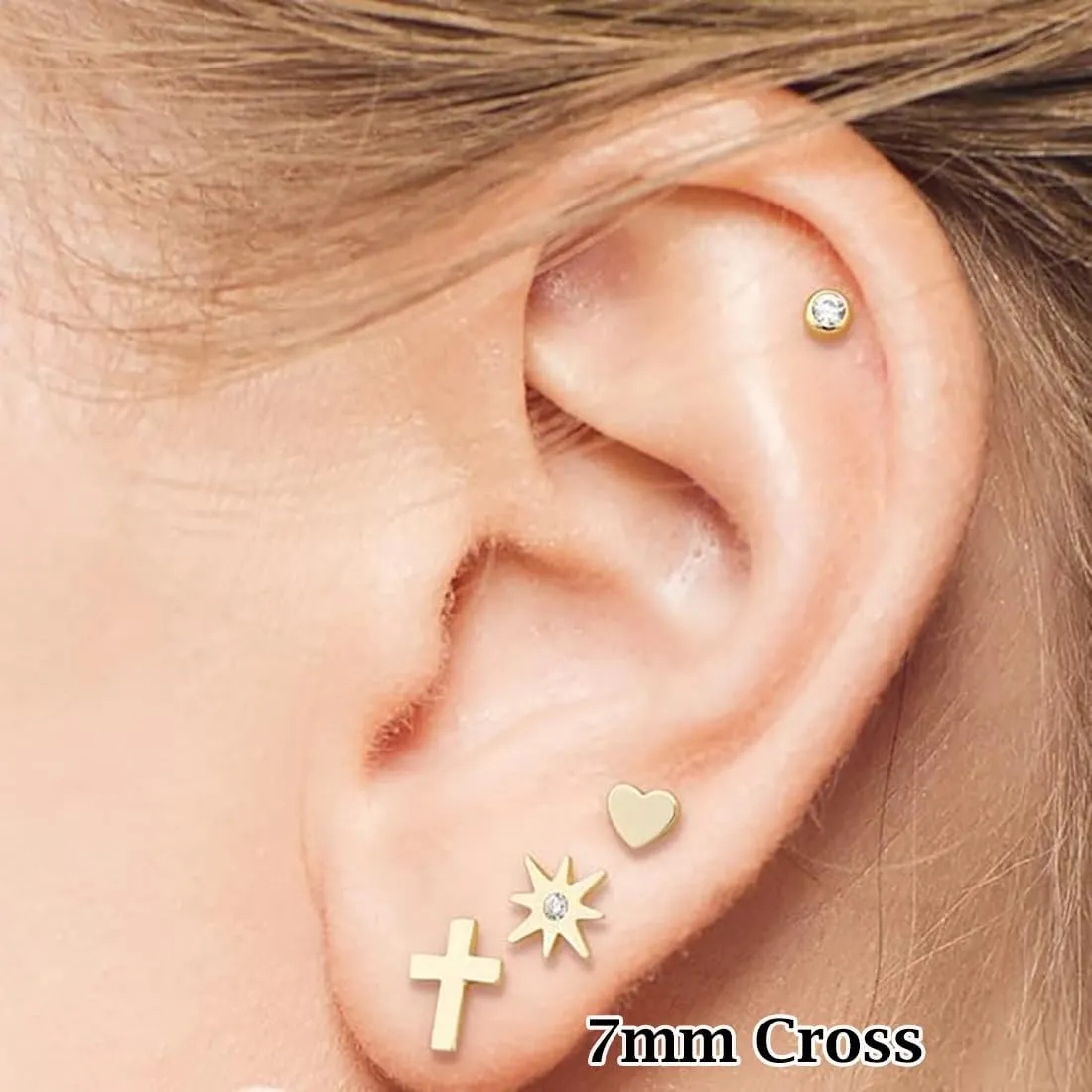 14k Solid Gold Small Polished Flat Plain Mini Cross Stud Earrings