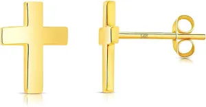 14k Solid Gold Small Polished Flat Plain Mini Cross Stud Earrings