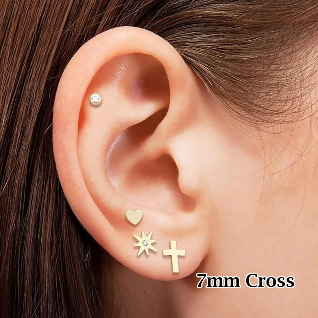 14k Solid Gold Small Polished Flat Plain Mini Cross Stud Earrings