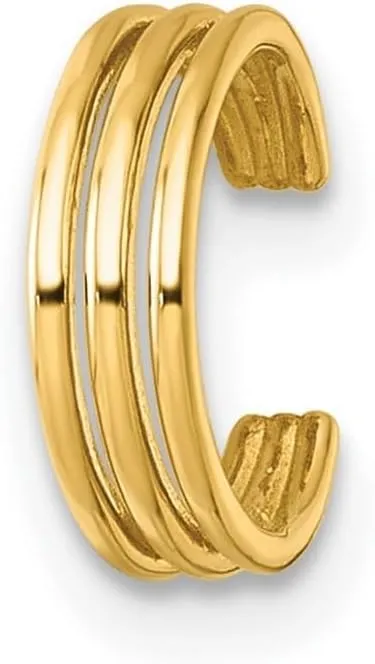 14k Solid Yellow Gold Polished 3 Row Single Ear Cuff 9.95x9.95mm Wide-Ear-Cuff for Women