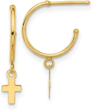 14k Solid Yellow Gold Polished Hoop With Religious Faith Cross Post Earrings 20.6x11.9mm Wide 1.1mm Thick-Hoop Earring for Women