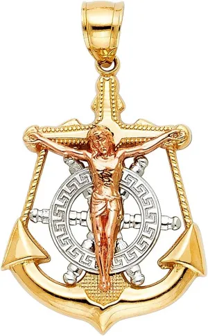14k Tri Color Gold Jesus Crucifix Anchor Religious Charm Pendant