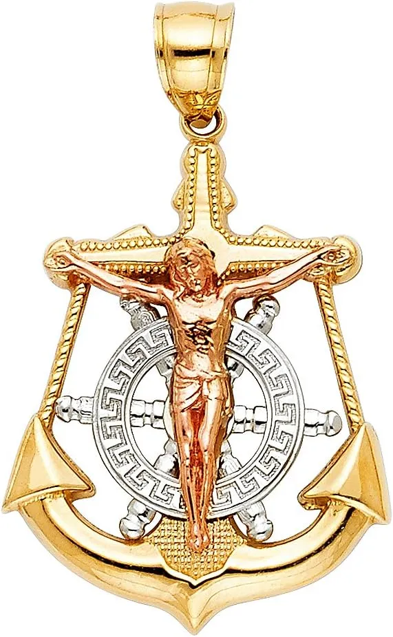 14k Tri Color Gold Jesus Crucifix Anchor Religious Charm Pendant