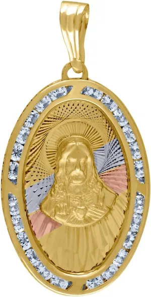 14k Tri color Gold Unisex CZ Textured Sacred Love Heart Of Jesus Religious Oval Charm Pendant Necklace 36x18.8mm Wide-Pendant for Women