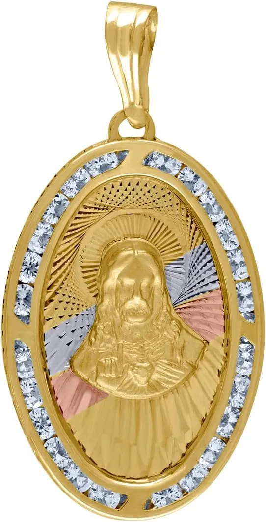 14k Tri color Gold Unisex CZ Textured Sacred Love Heart Of Jesus Religious Oval Charm Pendant Necklace 36x18.8mm Wide-Pendant for Women