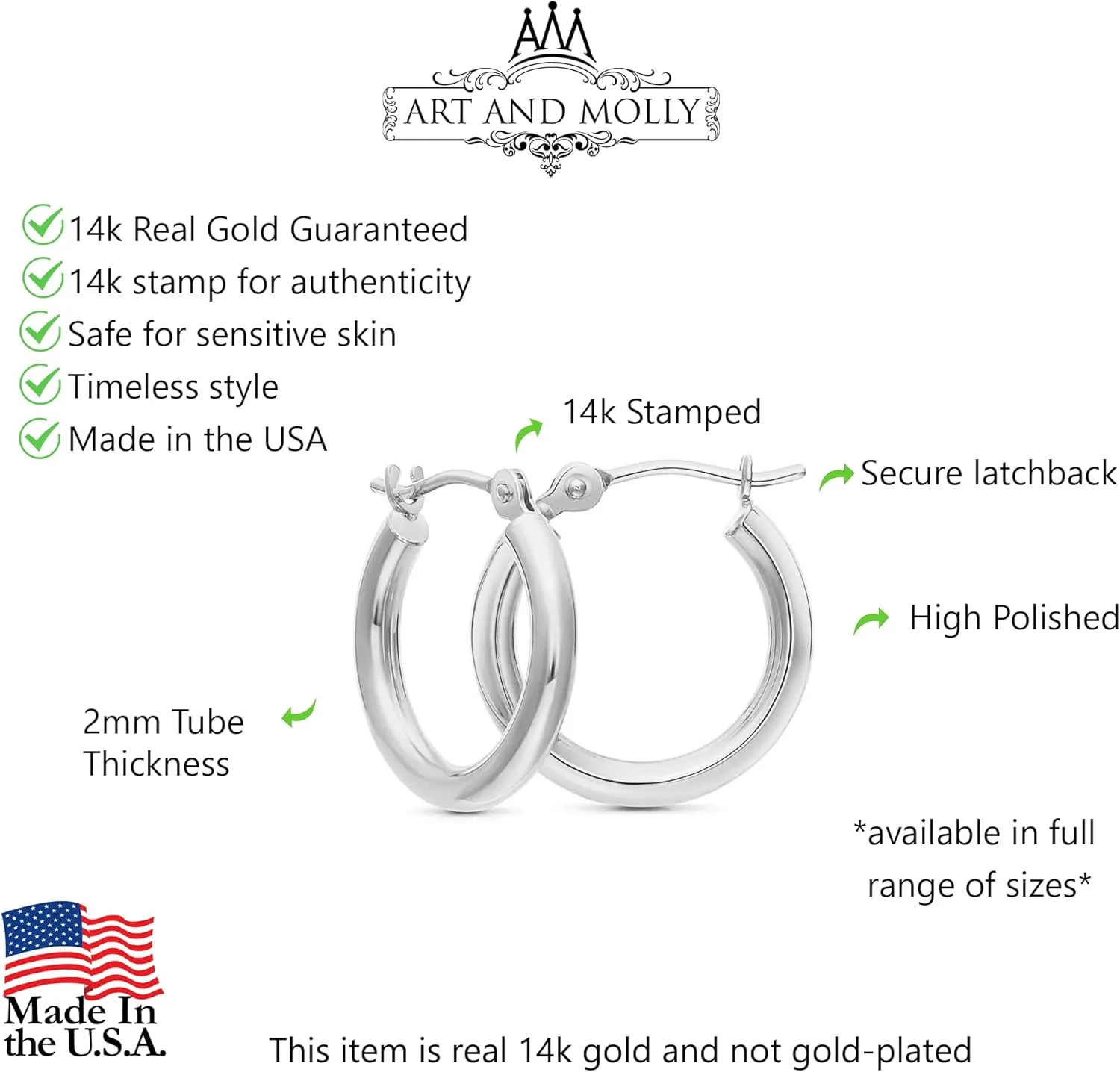 14k White Gold Polished Real Gold Hoop Earrings, Plain Round Gold Hoops, White Gold Hoop Earrings