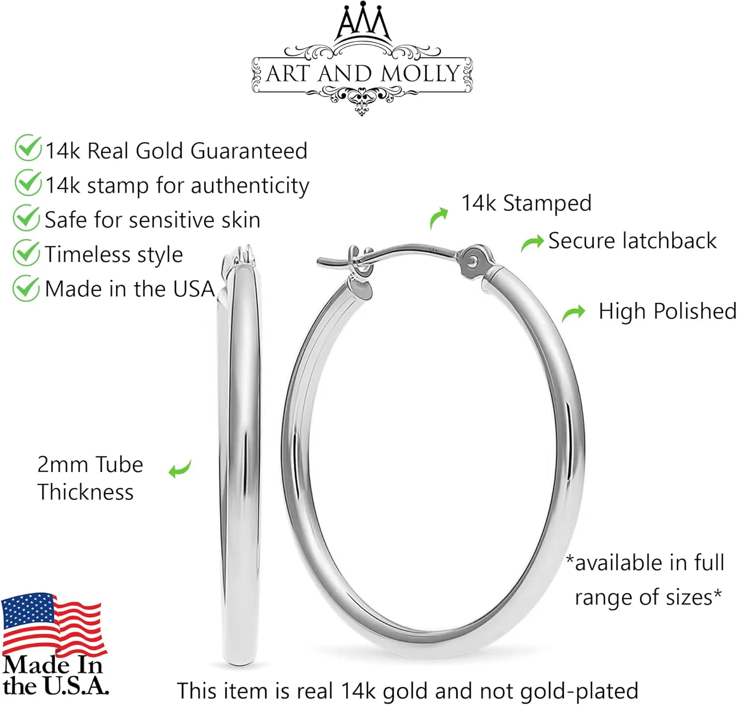 14k White Gold Polished Real Gold Hoop Earrings, Plain Round Gold Hoops, White Gold Hoop Earrings