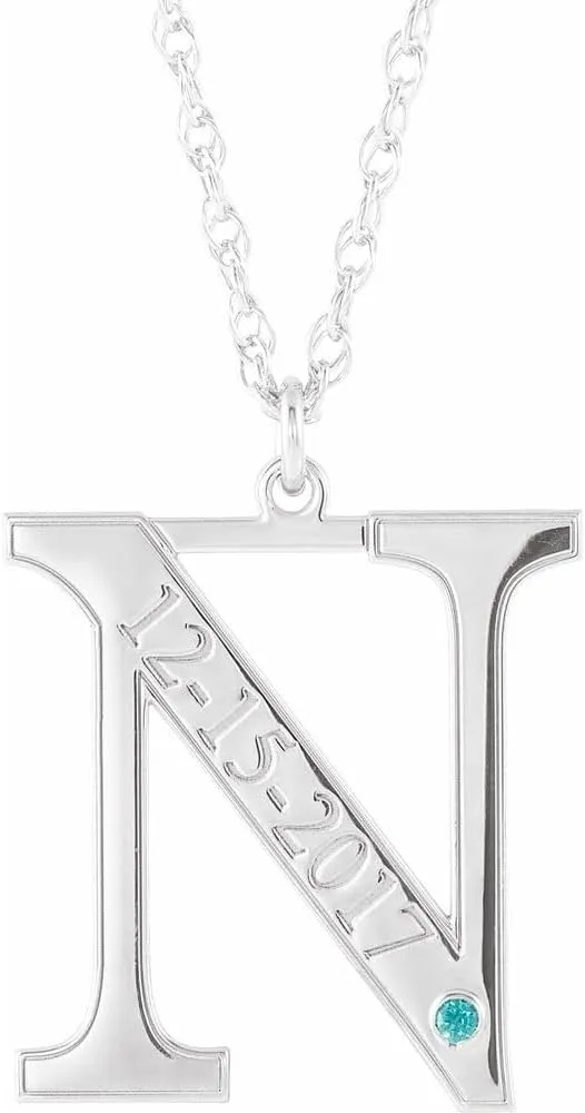 14k White Gold Round Shape December Engraveable Birthstone Initial N Personalized Necklace Fine Jewelry for Women Gifts for Her (18x18mm), 18"
