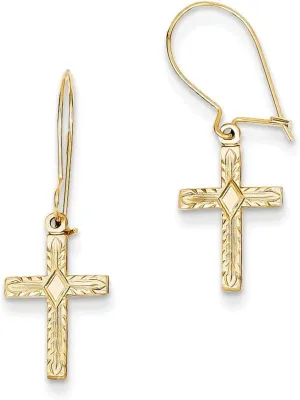 14k Yellow Gold Polished & Satin Cross Earrings - Religious Jewelry