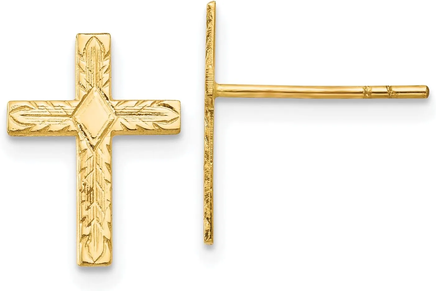 14k Yellow Gold Polished & Textured Cross Earrings - Religious Jewelry