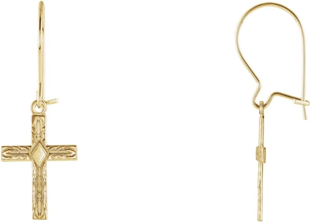 14k Yellow Gold Polished Earrings Wire With Religious Faith Cross - Jewelry Gift for Mom