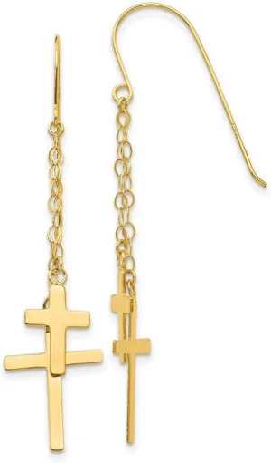 14k Yellow Gold Polished Shepherd hook Chain Dangle Religious Faith Cross Shepard-Hook Earrings 56x12mm Wide-Dangle Earring for Women and Men