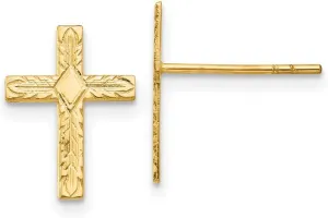 14k Yellow Gold Satin Textured Polished Post Religious Faith Cross Earrings 15x10mm Stud Earring for Women