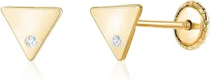 14k Yellow Gold Small Flat Triangle Earrings Stud Shiny Polished with Simulated Diamond Safety Screwback Covered Back Closure