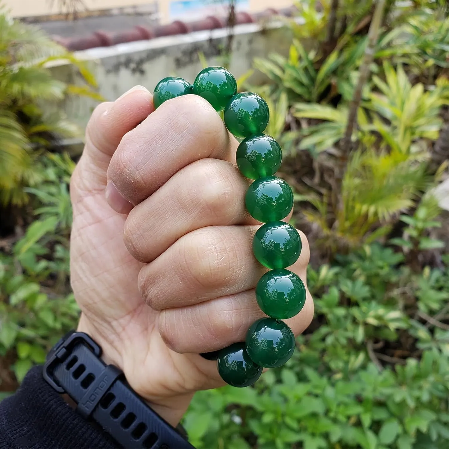 14mm Green Agate Stretch Bracelet Natural Round Stone Beads Semi Gemstone for Crystal Beaded Elastic Bracelet 8"