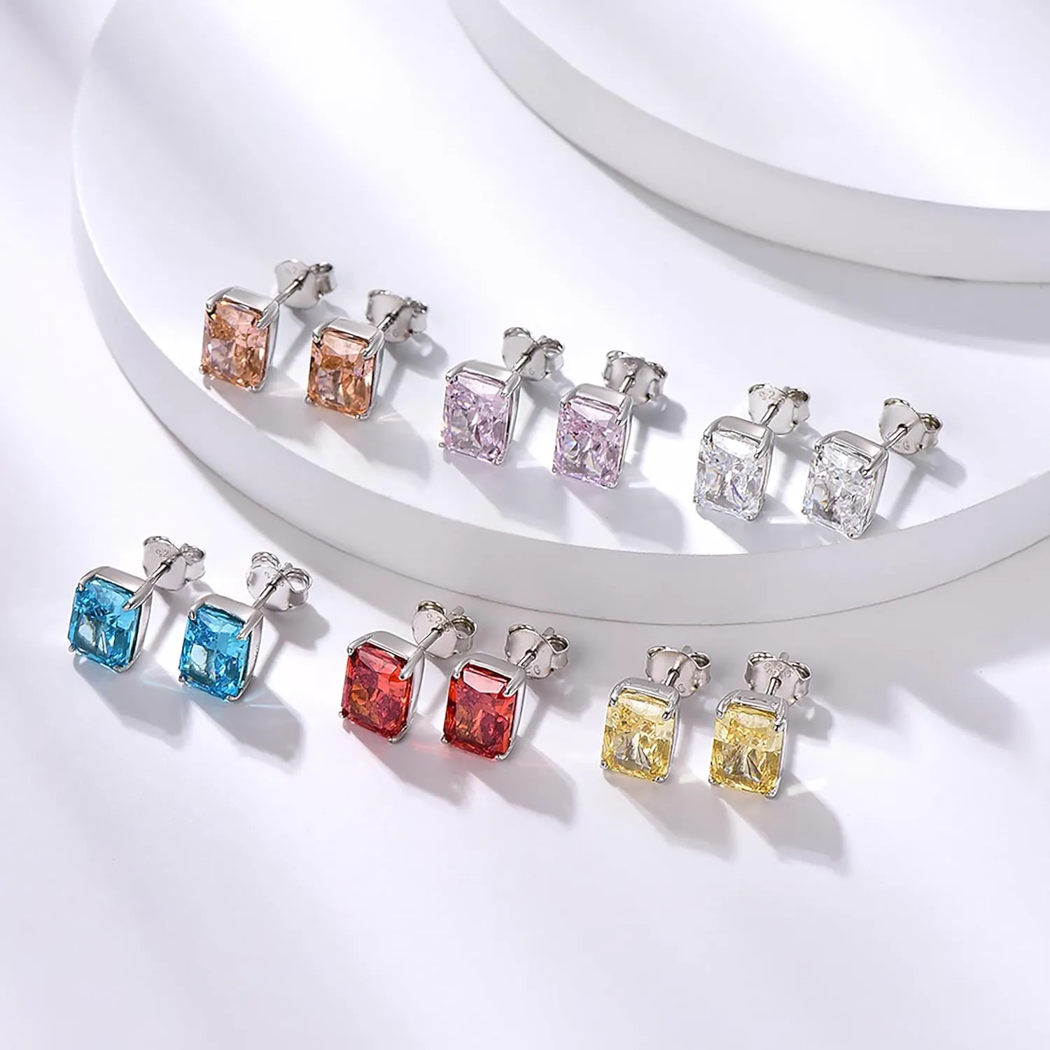 1.5CT Radiant Cut Diamond Earrings 925 Sterling Silver White/Red/Blue/Pink/Yellow Diamond Studs with 6x8mm Sparkly Simulated Diamond Cubic Zirconia Studs Earrings for Christmas Valentines Birthday Mother's Day Gifts