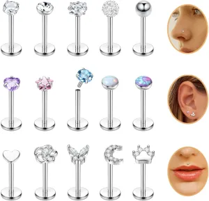 15PCS 16G 18G Stainless Steel Lip Studs for Women Internally Threaded Labret Monroe Lip Ring CZ Opal Flat Back Nose Rings Stud Cartilage Helix Tragus Earrings Piercing