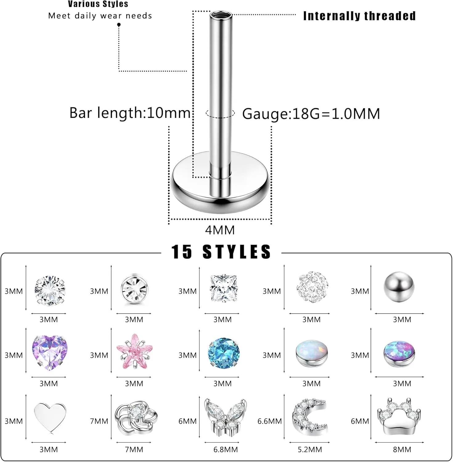 15PCS 16G 18G Stainless Steel Lip Studs for Women Internally Threaded Labret Monroe Lip Ring CZ Opal Flat Back Nose Rings Stud Cartilage Helix Tragus Earrings Piercing