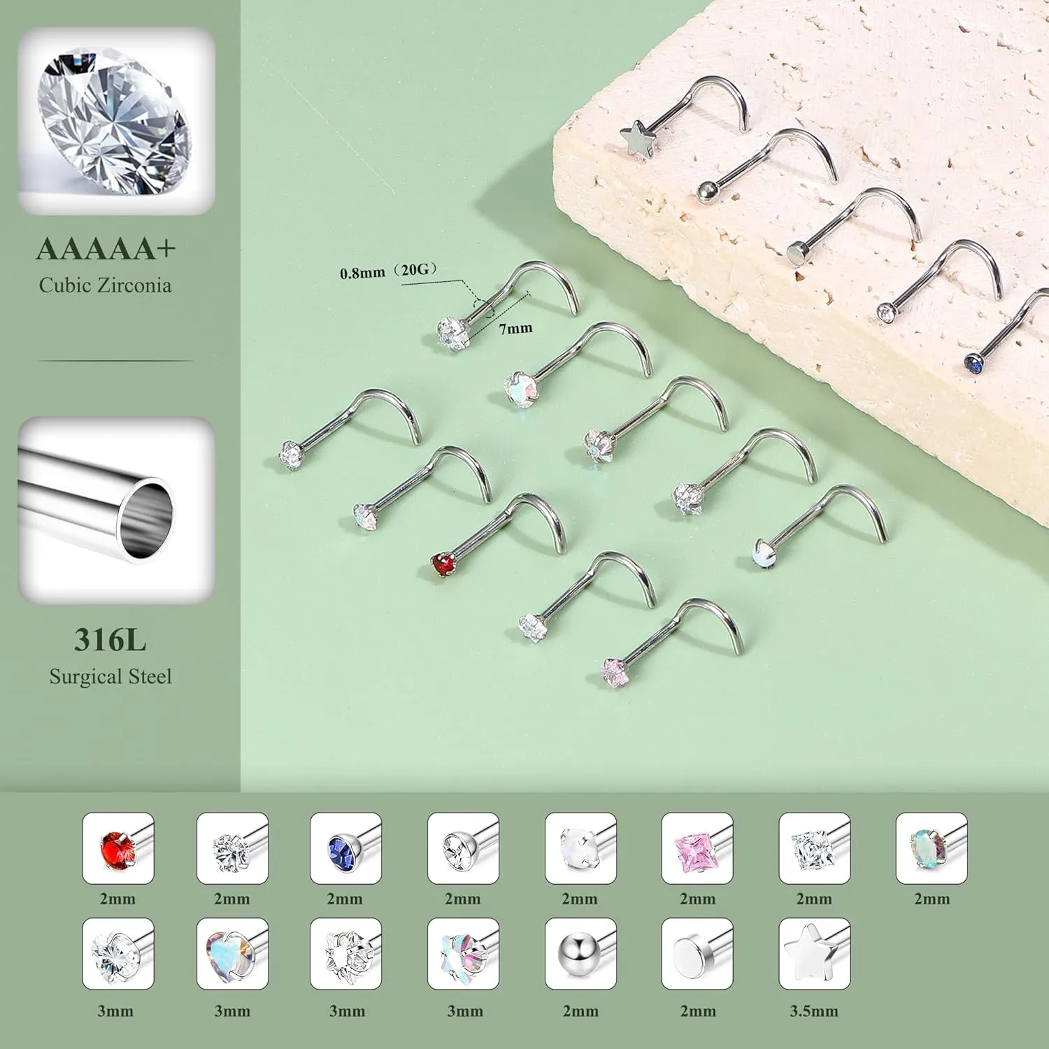 15Pcs 20G Nose Rings Surgical Steel Nose Studs 18G L Shaped Nose Stud Gold Nose Ring Stud CZ Opal Nose Ring Heart Cute L Shape Star Nose Piercing for Women Men