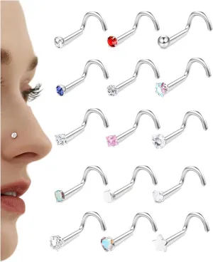 15Pcs 20G Nose Rings Surgical Steel Nose Studs 18G L Shaped Nose Stud Gold Nose Ring Stud CZ Opal Nose Ring Heart Cute L Shape Star Nose Piercing for Women Men