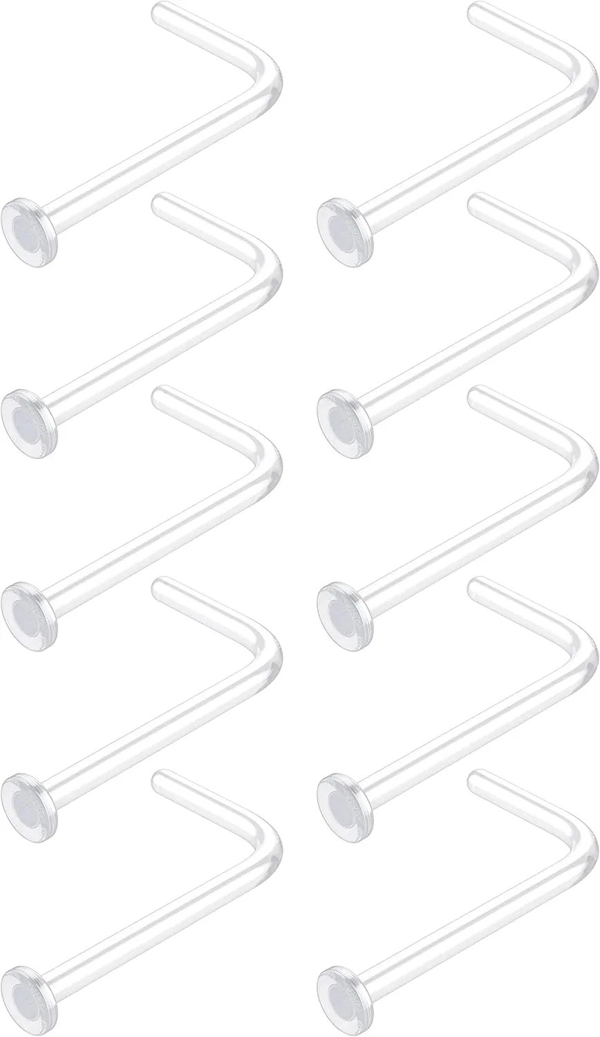 18g Clear Nose Studs for Work - L Shape Clear Nose Rings Piercing Retainers - Bioflex Plastic Nose Rings for Surgery - Flat Top 18 Gauge (1.0mm) 10pcs Pack