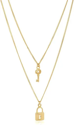 18K Gold Plated Jewelry - Double Layered Lock and Key Pendant Necklace - Elegant Handcrafted for Women - 16" Long   2" Extender