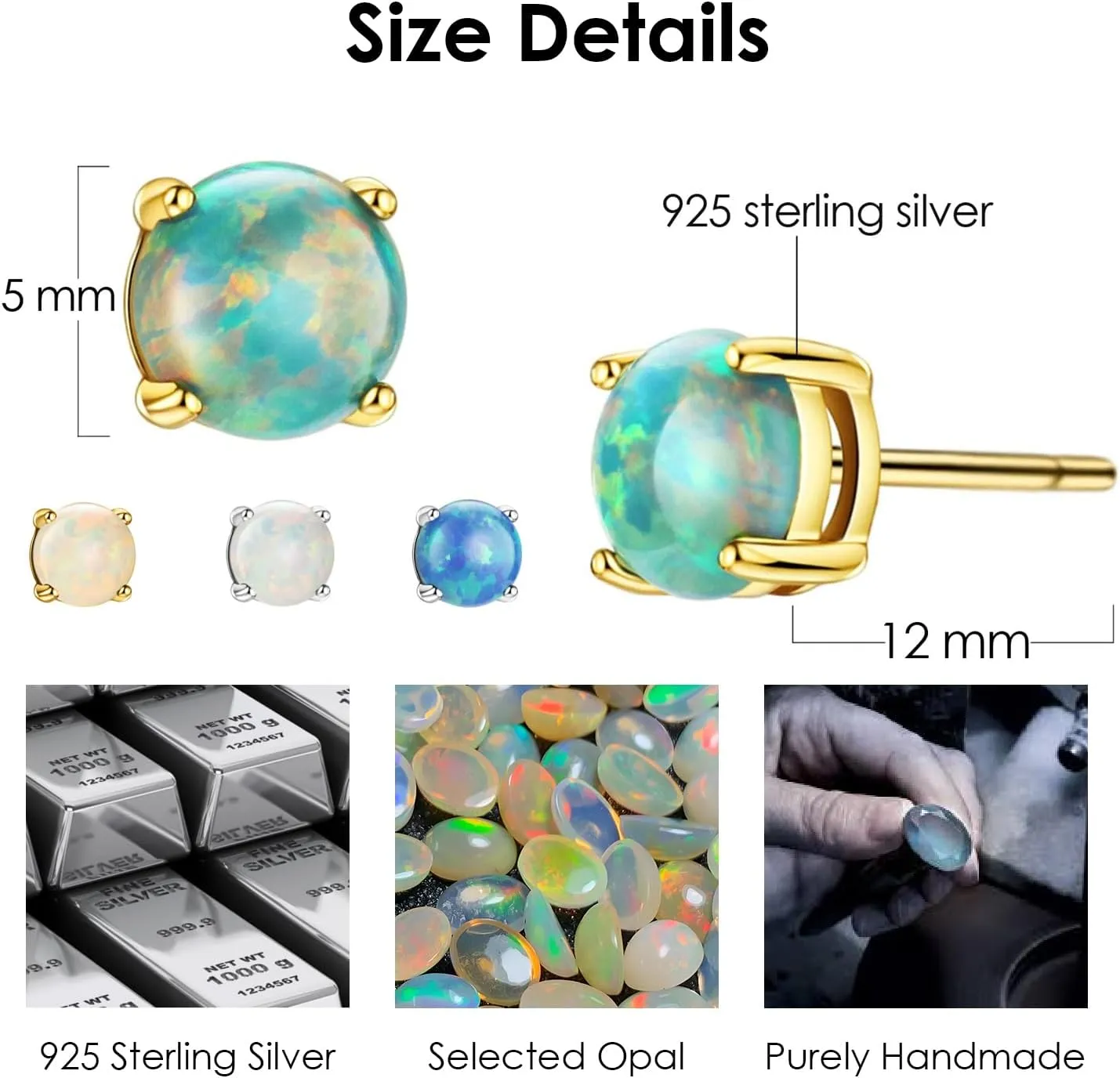 18K Gold Plated Opal Stud Earrings for Women Sterling Silver 5mm Solitaire Green Opal 4 Prongs Setting Simple Women Earrings