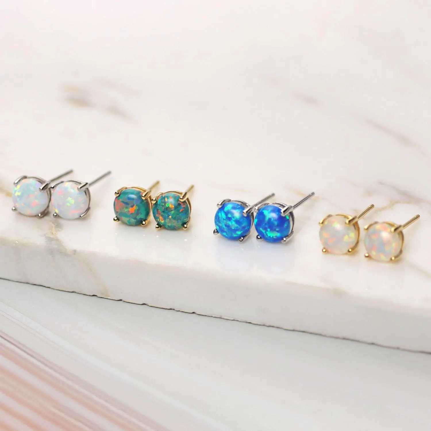 18K Gold Plated Opal Stud Earrings for Women Sterling Silver 5mm Solitaire Green Opal 4 Prongs Setting Simple Women Earrings