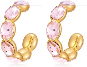 18k Gold Plated Pink Cubic Zirconia Hoop Earrings for Women Trendy Chunky Rhinestone Hoops Hypoallergenic Earrings Imitation Diamond Jewelry
