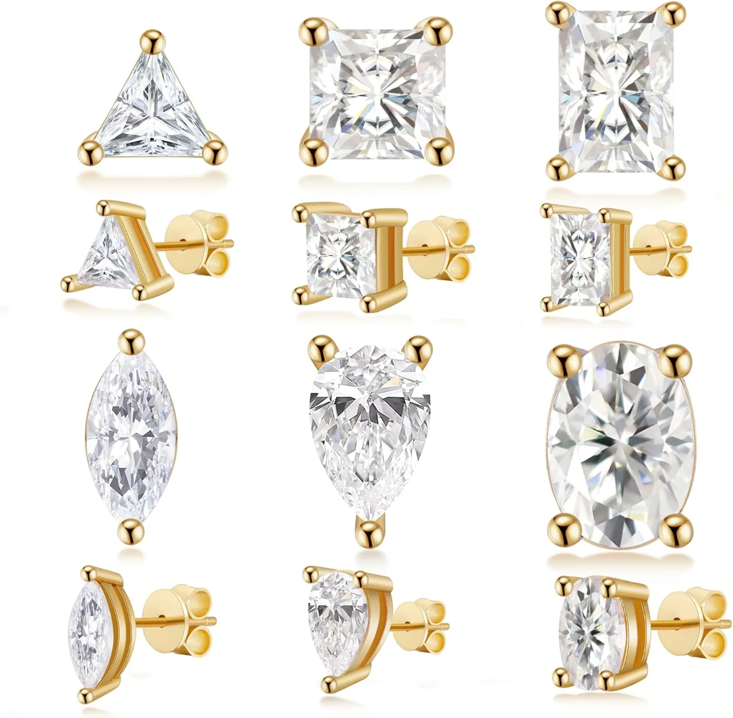 18K Gold Plated S925 Sterling Silver Cubic Zirconia Stud Earrings for Women, Simulated CZ Earrings with Pear/Oval/Baguette/Princess/Triangle/Marquise Cut