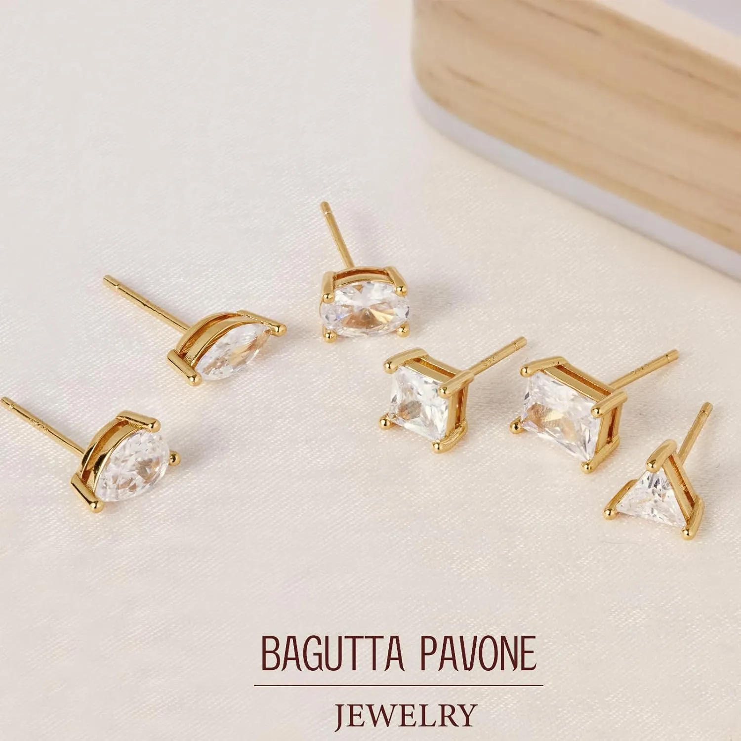 18K Gold Plated S925 Sterling Silver Cubic Zirconia Stud Earrings for Women, Simulated CZ Earrings with Pear/Oval/Baguette/Princess/Triangle/Marquise Cut