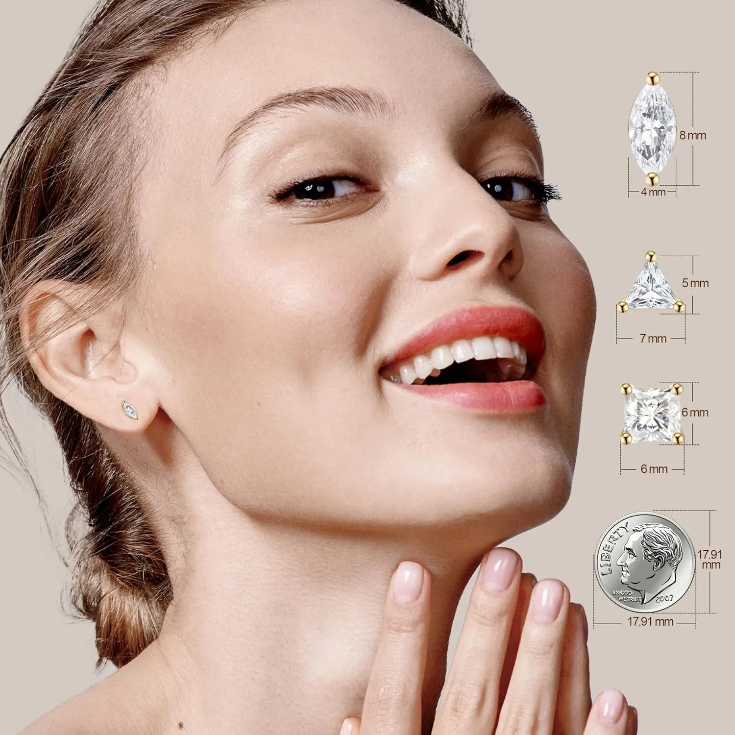 18K Gold Plated S925 Sterling Silver Cubic Zirconia Stud Earrings for Women, Simulated CZ Earrings with Pear/Oval/Baguette/Princess/Triangle/Marquise Cut