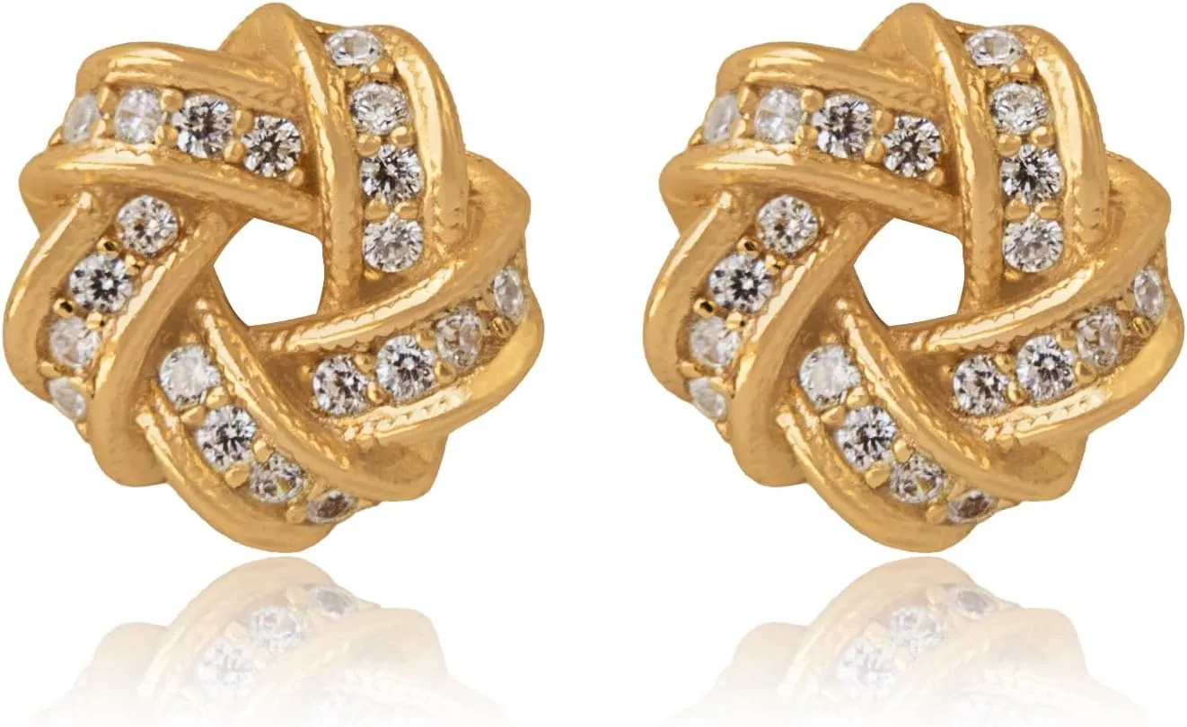 18K Gold Plated Sterling Silver Cubic Zirconia Love Knot Stud Earrings for Women Hypoallergenic