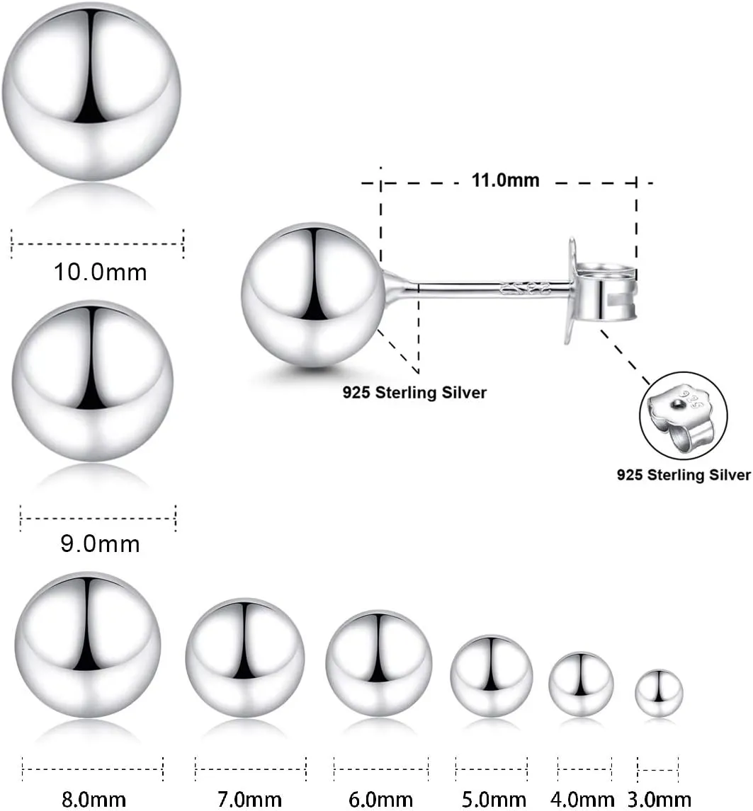 18K White Gold Plated Sterling Silver Ball Stud Earrings 3mm-10mm Options, Simple Polished Ball Studs Hypoallergenic Jewelry