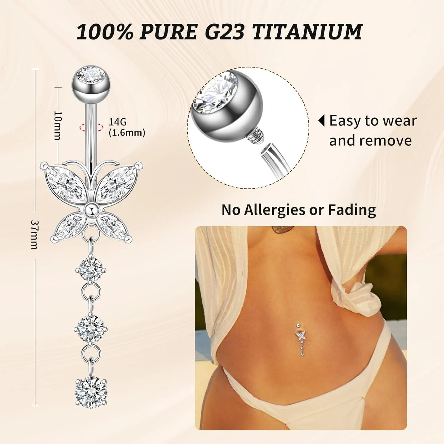 1PC 14G Belly Button Rings G23 Titanium Dangle Belly Piercing Navel Rings CZ Curved Barbell Internally Threaded Dangling Belly Jewelry for Women