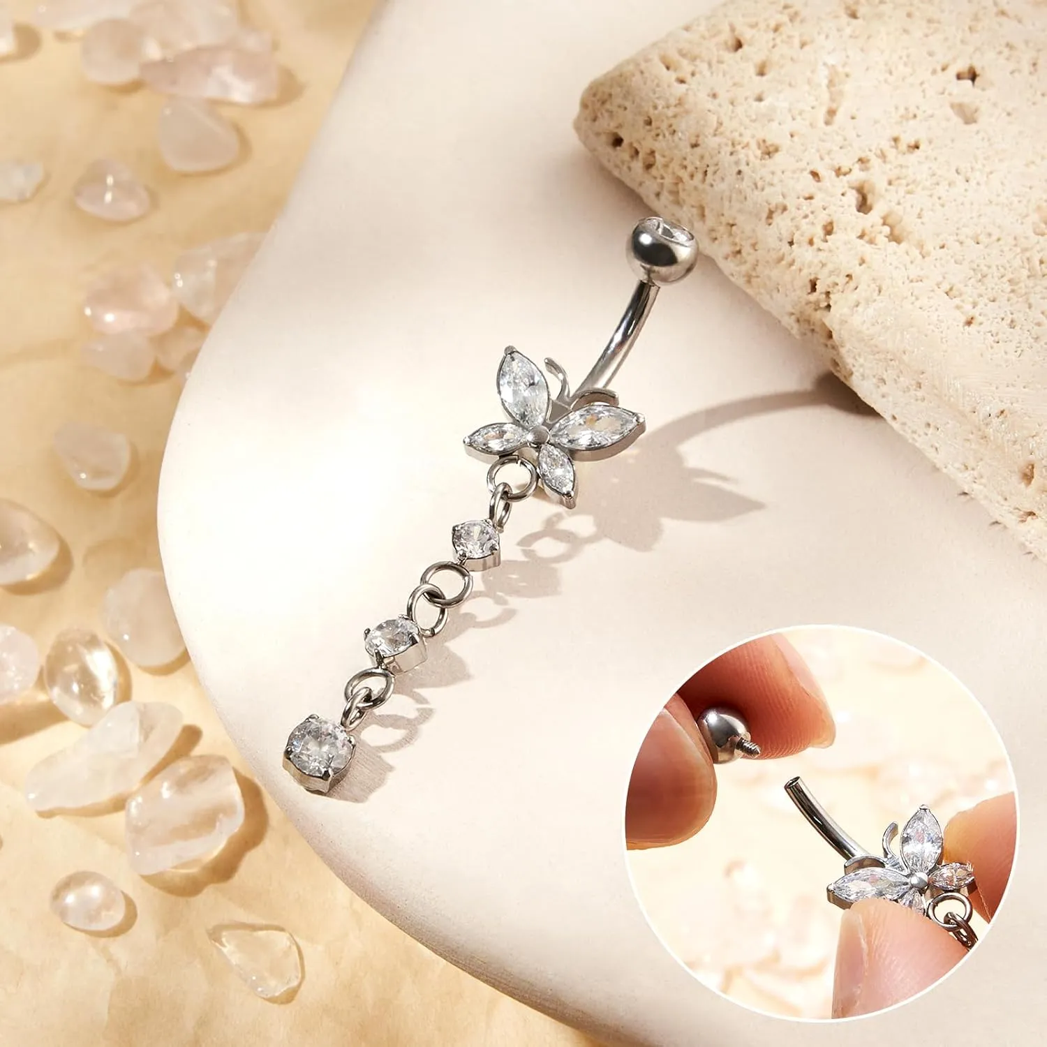 1PC 14G Belly Button Rings G23 Titanium Dangle Belly Piercing Navel Rings CZ Curved Barbell Internally Threaded Dangling Belly Jewelry for Women