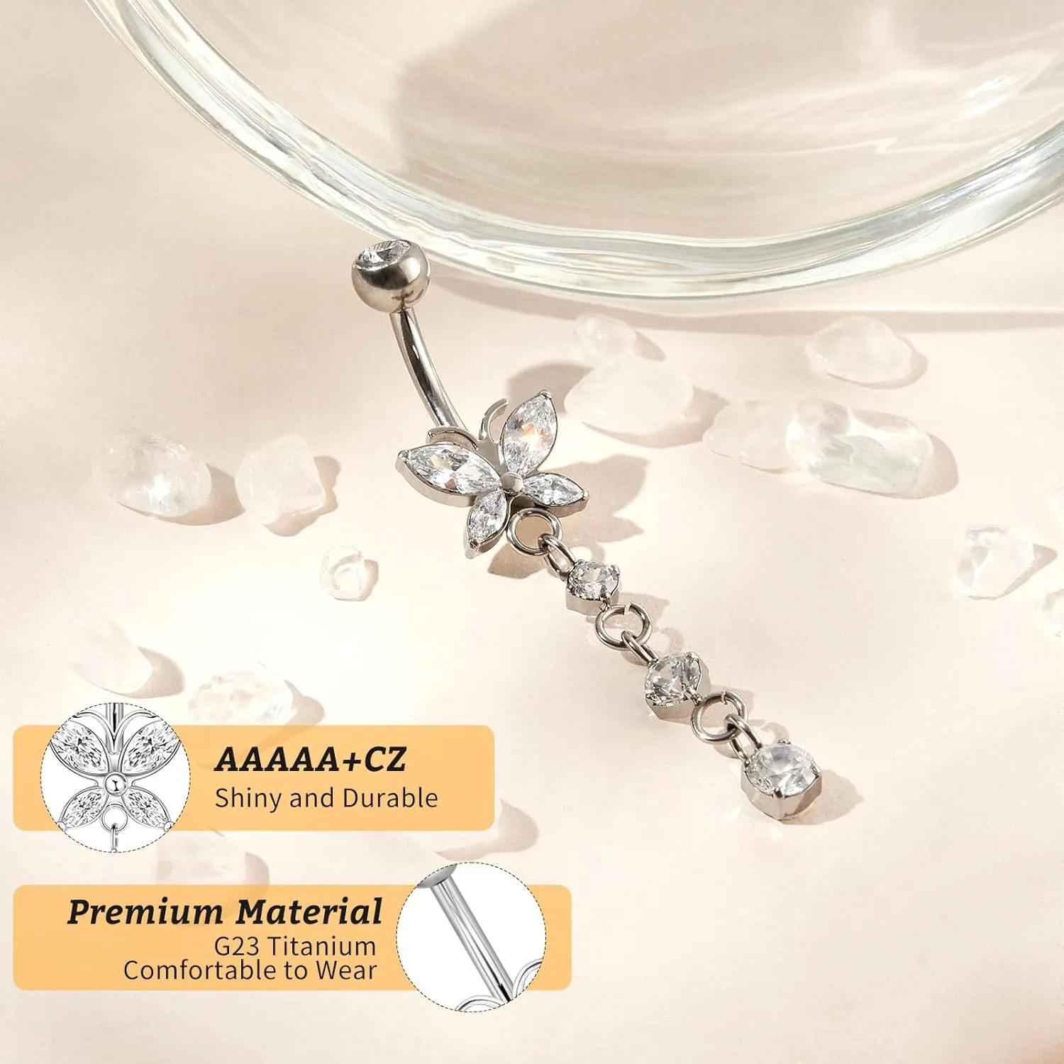 1PC 14G Belly Button Rings G23 Titanium Dangle Belly Piercing Navel Rings CZ Curved Barbell Internally Threaded Dangling Belly Jewelry for Women