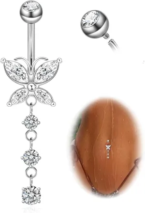 1PC 14G Belly Button Rings G23 Titanium Dangle Belly Piercing Navel Rings CZ Curved Barbell Internally Threaded Dangling Belly Jewelry for Women