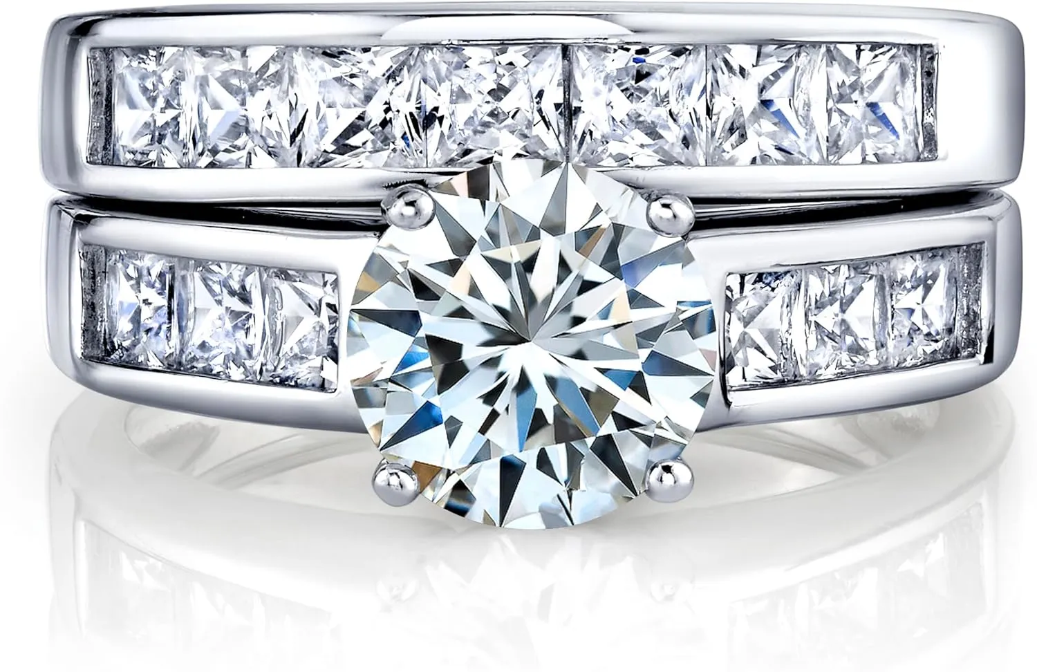 2 Carats Sterling Silver Bridal Set Cubic Zirconia Engagement Wedding Ring Bands with Round and Princess Cut