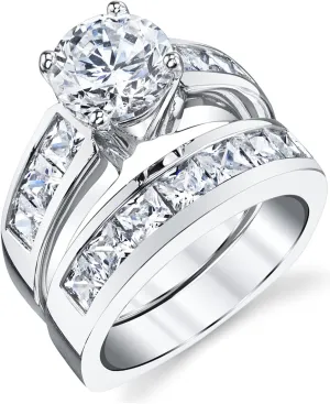 2 Carats Sterling Silver Bridal Set Cubic Zirconia Engagement Wedding Ring Bands with Round and Princess Cut