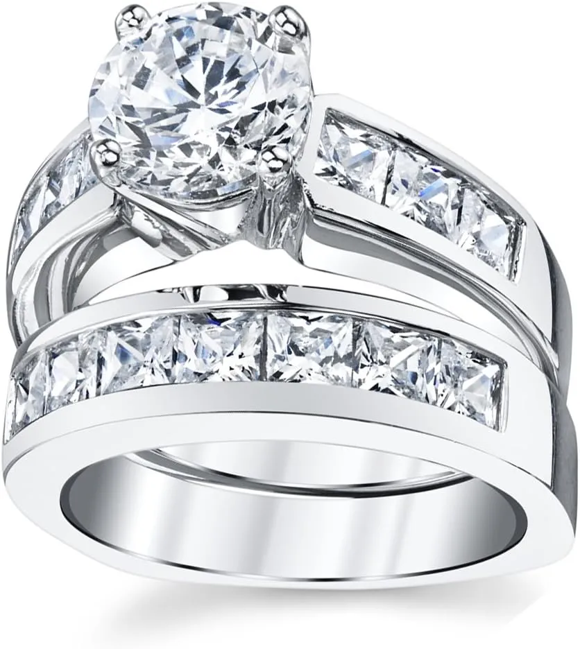 2 Carats Sterling Silver Bridal Set Cubic Zirconia Engagement Wedding Ring Bands with Round and Princess Cut