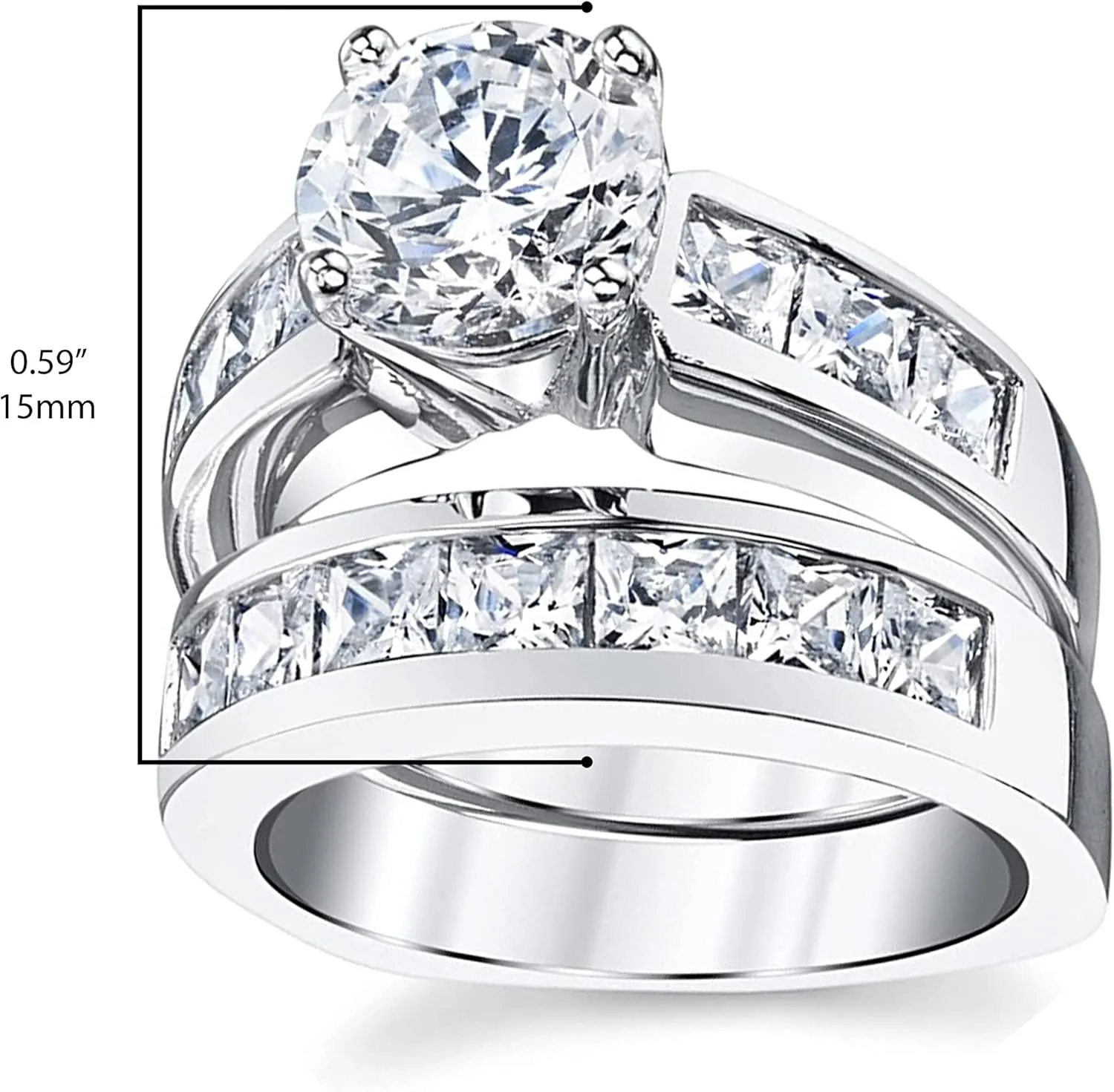 2 Carats Sterling Silver Bridal Set Cubic Zirconia Engagement Wedding Ring Bands with Round and Princess Cut